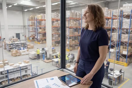 Mitarbeiterin mit Tablet vor Lagerhalle und moderner Logistikfläche