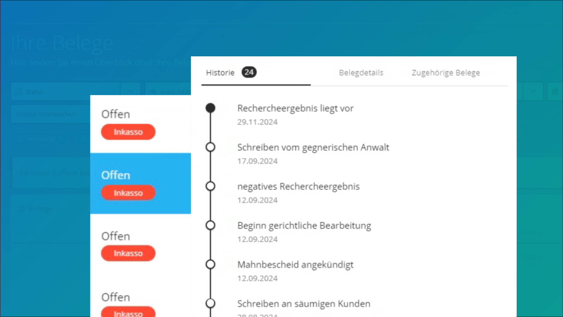 Dashboard FINNYA Portal: Ihre Belege -> Übersicht Inkasso