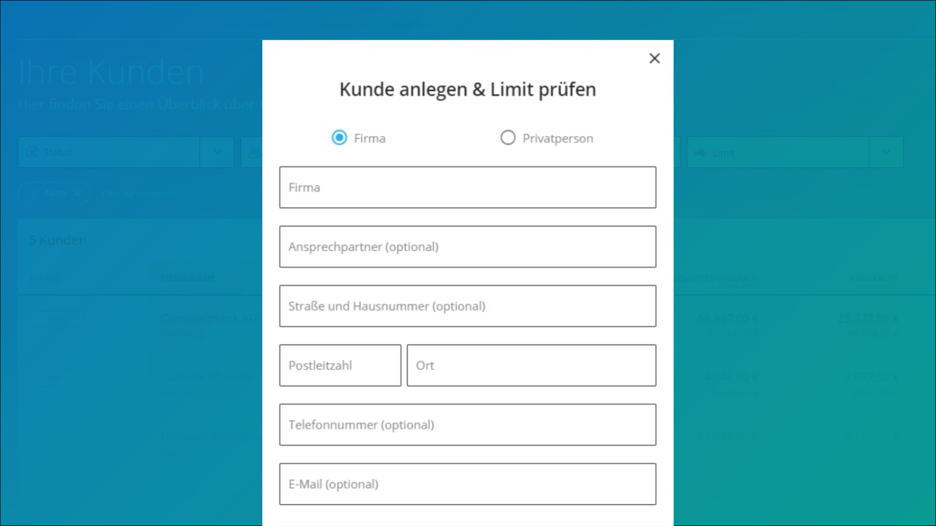Dashboard FINNYA Portal: Kunde anlegen & Limit prüfen Seite
