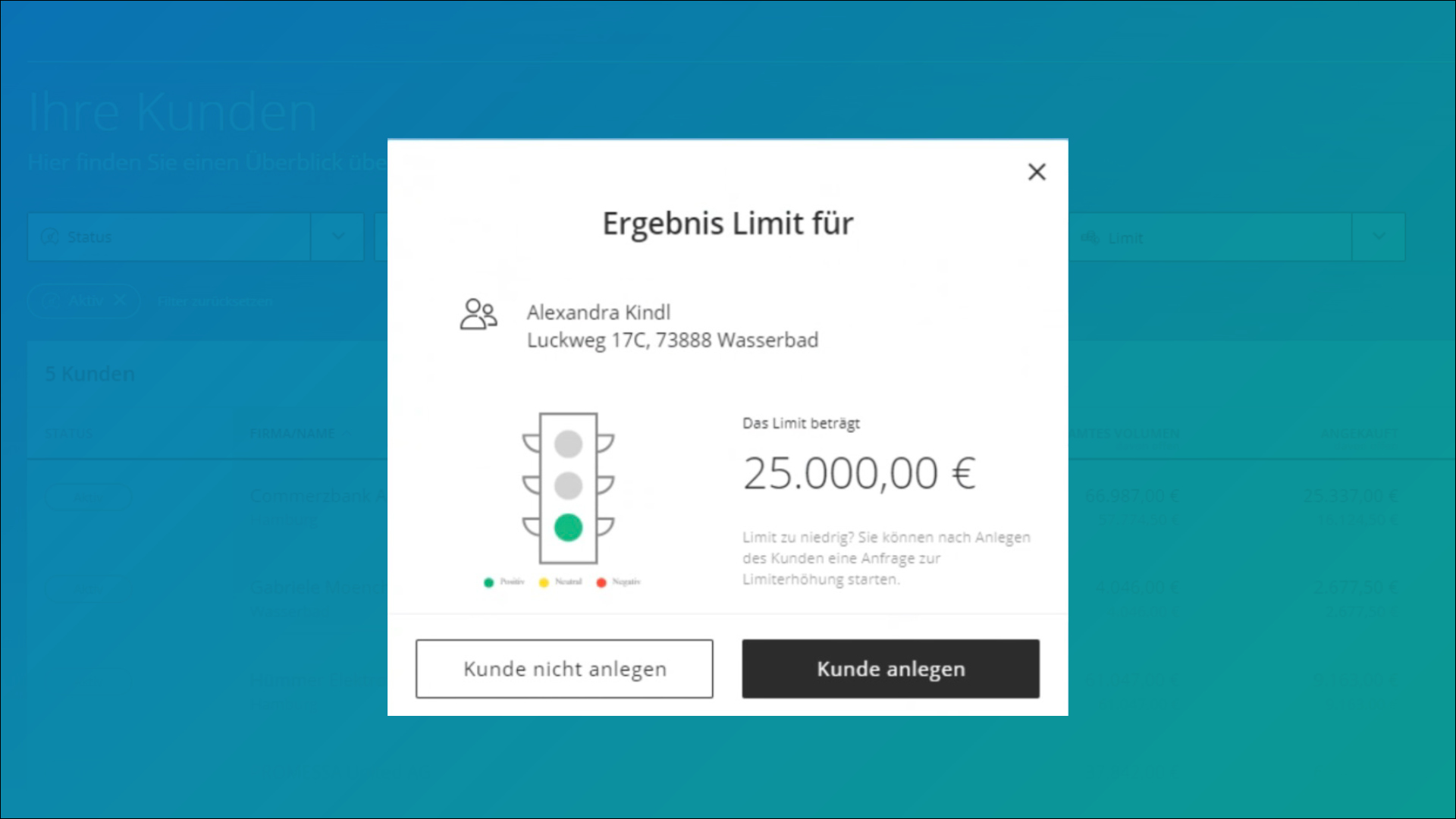 Dashboard FINNYA Portal: Ergebnis Limit Seite