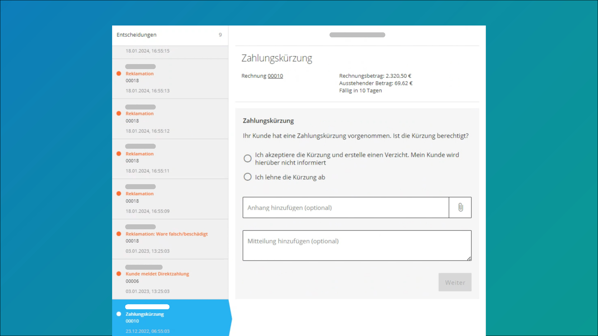 Dashboard FINNYA Portal: Entscheidungen; Zahlungskürzung