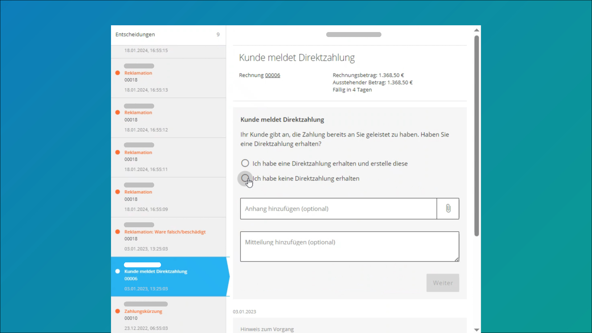Dashboard FINNYA Portal: Entscheidungen und Reklamationen; Kunde meldet Direktzahlung