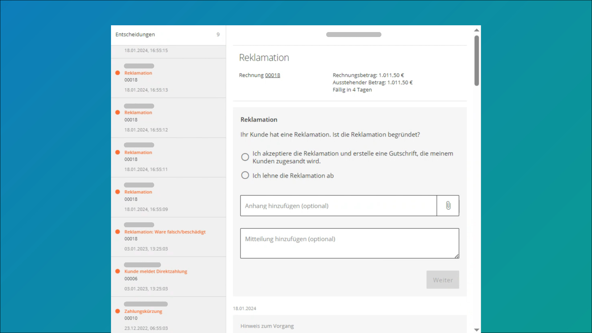 Dashboard FINNYA Portal: Übersicht Entscheidungen und Reklamationen