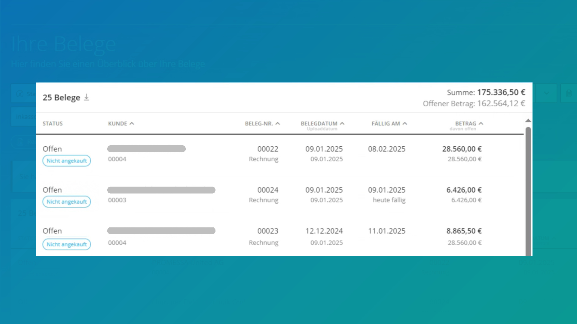 Dashboard FINNYA Portal: Belegeübersicht