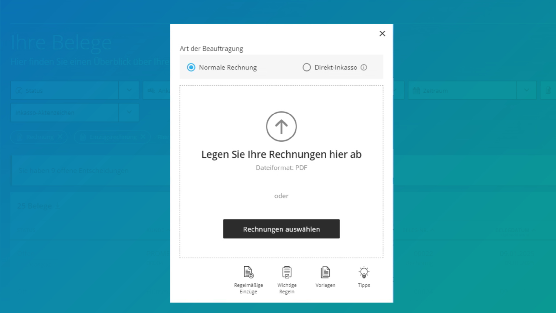 Dashboard FINNYA Portal: Rechnungen uploaden