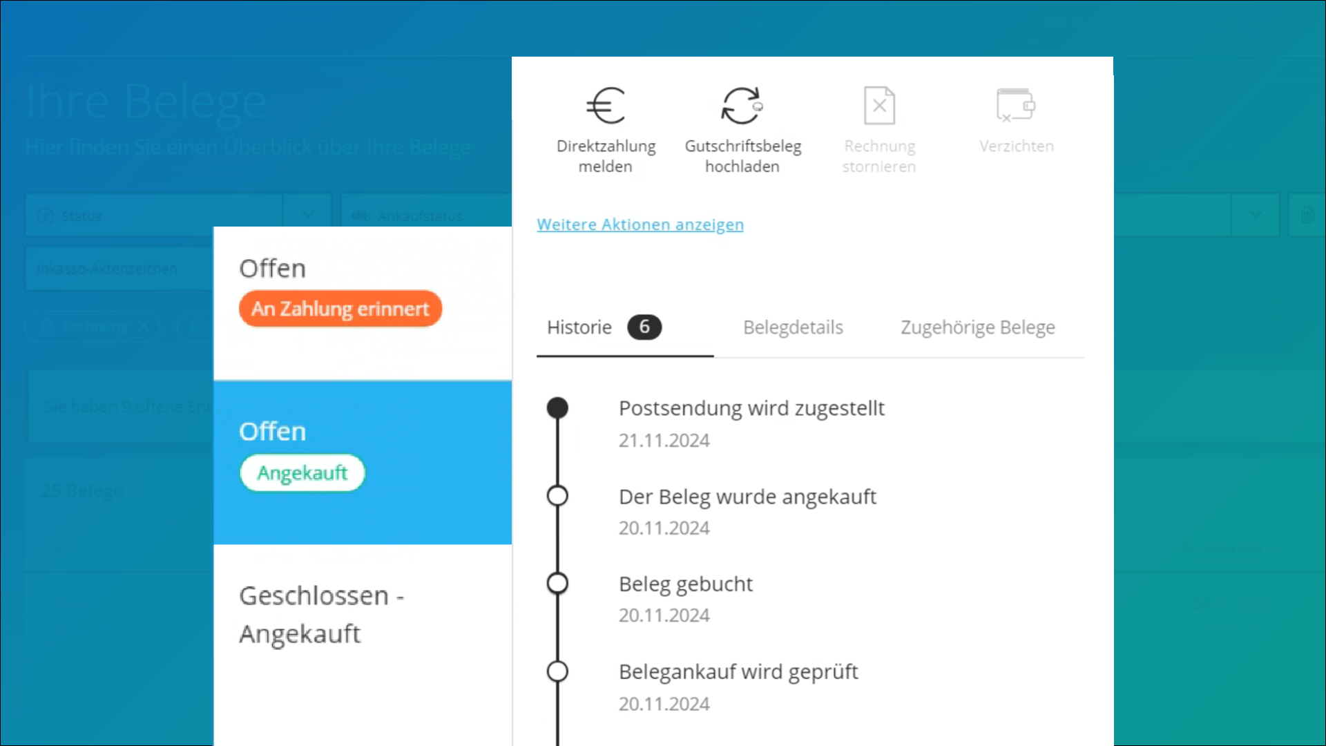 Dashboard FINNYA Portal: Belegstatus und Verlaufshistorie